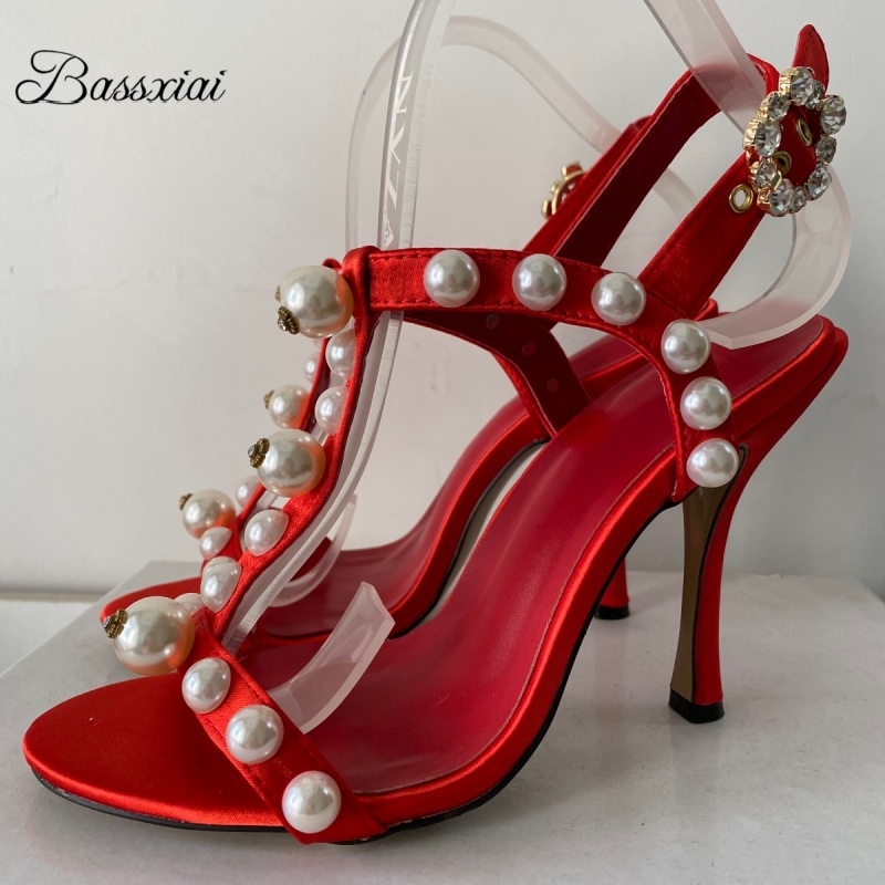 Strappy Heeled Sandals - パールビーズ装飾 Tストラップ スティレットヒール サンダル レディース 高級サテン