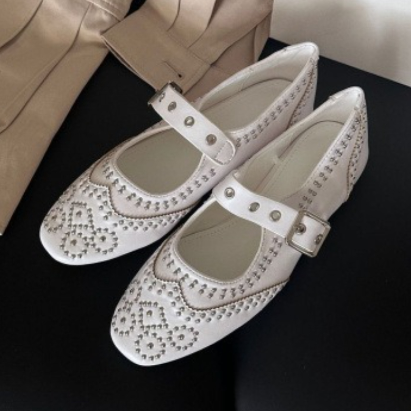 Women Shoes Brand - レトロリベットバックルデザインフラットシューズ レディース ラウンドトゥ シャロー エレガント メリージェーンシューズ
