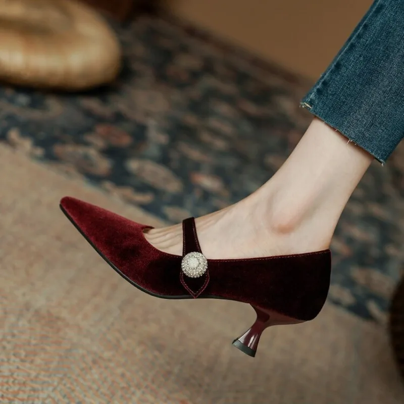 Women'S Heels - ワインレッド ポインテッドトゥ メリージェーンシューズ レディース ヴィンテージ ワンバックル