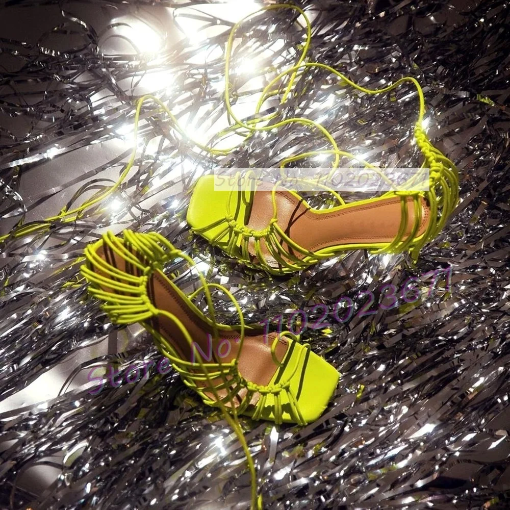 Strappy Heeled Sandals - 女性のためのシックなコード付きレースアップサンダル,セクシーな四角いつま先,薄いハイヒール,クロスストラップ付きのドレスシューズ,夏