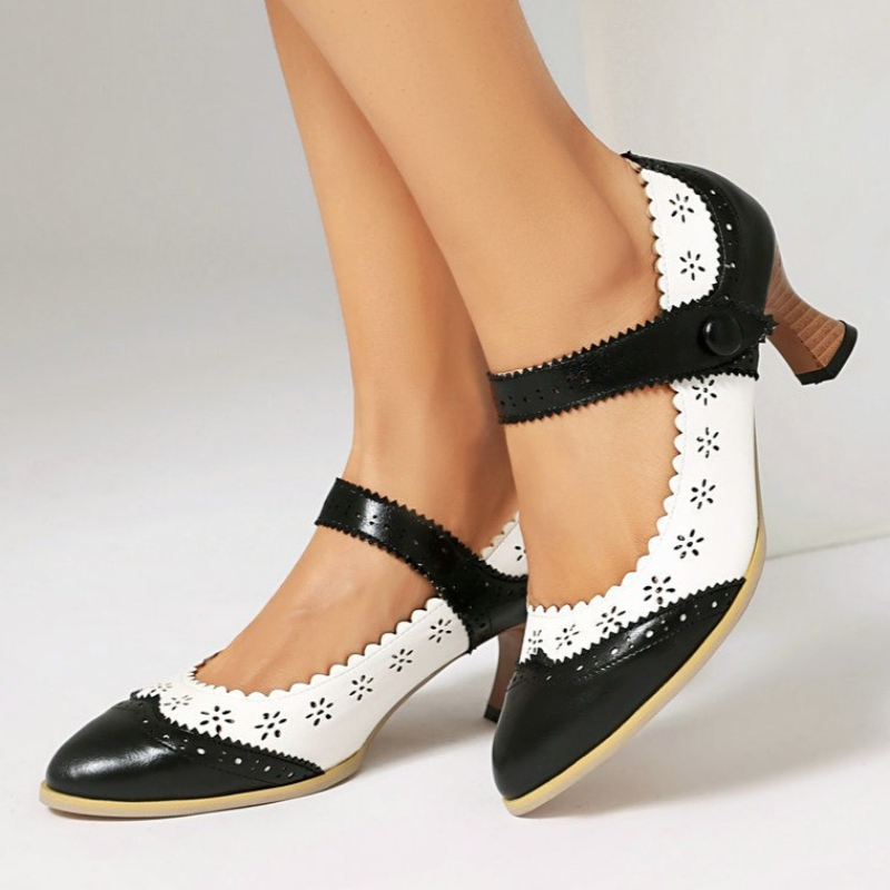 Women'S Xti Shoes - 女性ツートーンメリージェーンパンプス中空ブローグスカラップエッジボタンストラップキトゥンヒールラウンドトゥヴィンテージレトロロリータドレスシューズ