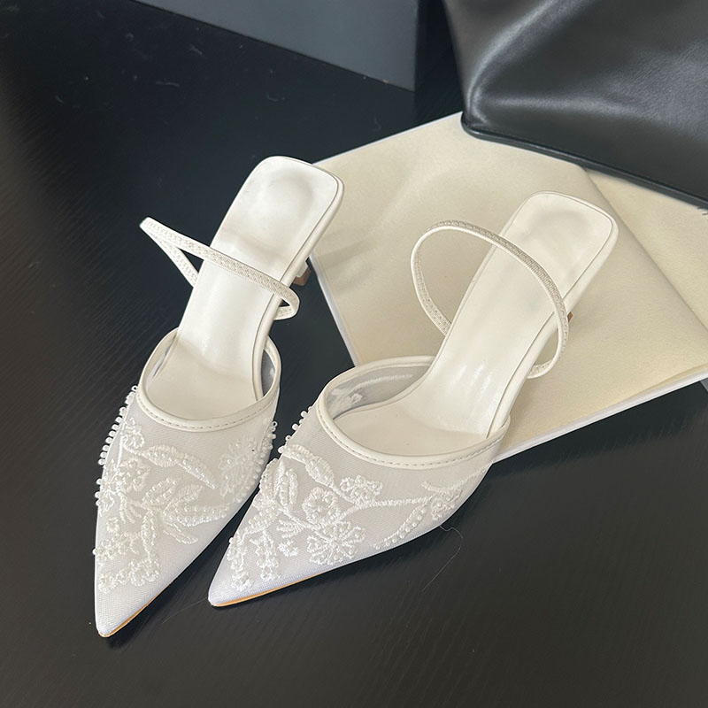 Women Shoes Brand - 2026 エレガントなスリングバックサンダル女性薄型ハイヒールパンプスブランドデザイナーメッシュ刺繍花バックストラップウェディングパーティーシューズ