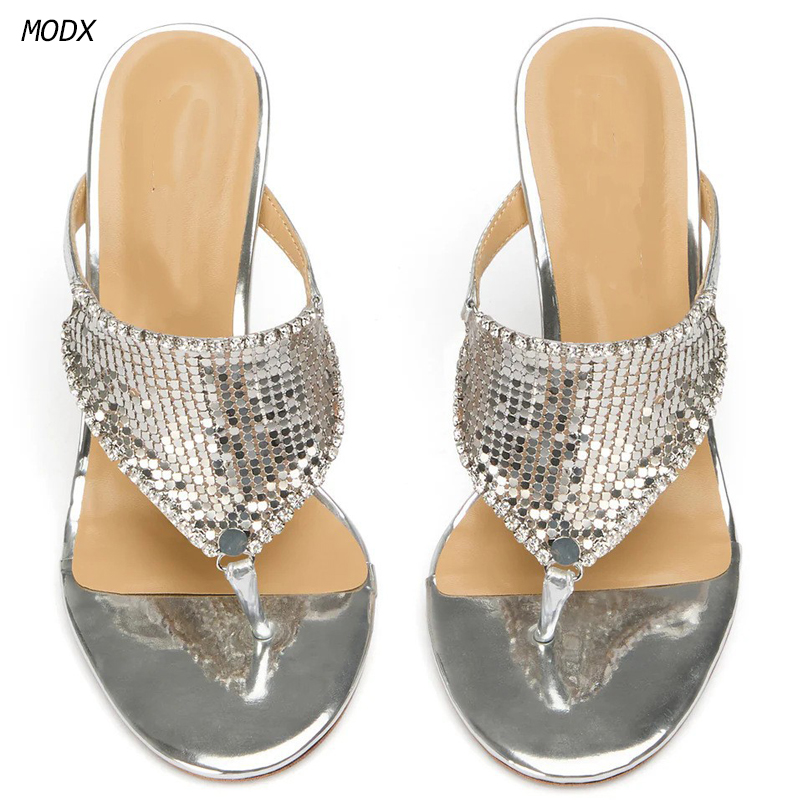 Thong Flat Sandal - 女性用シルバーメタリックソングミュール、スパンコールラインストーン付きスティレットヒール、スリッポンフリップフロップハイヒールサンダル、イブニングクラブパーティーヒール