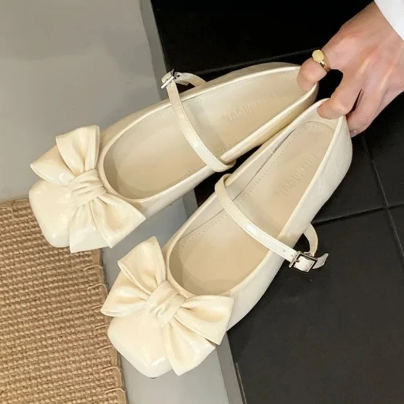 Women Shoes Brand - キュートな蝶結びスクエアトゥデザインゴールドレディースパンプス エレガントなフラットメリージェーンシューズ レディースロリータスタイルローヒールドレスヒール