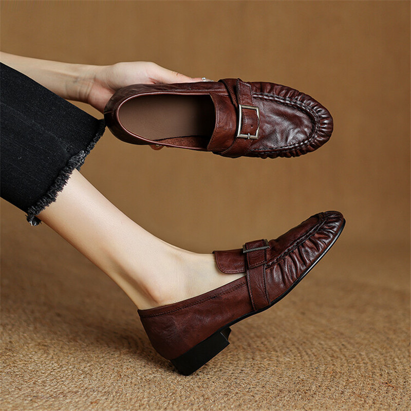 Women'S Heels - 女性用本革モカシン,丸いつま先の靴,プリーツパンプス,厚手のヒール,ファッション,秋,新品