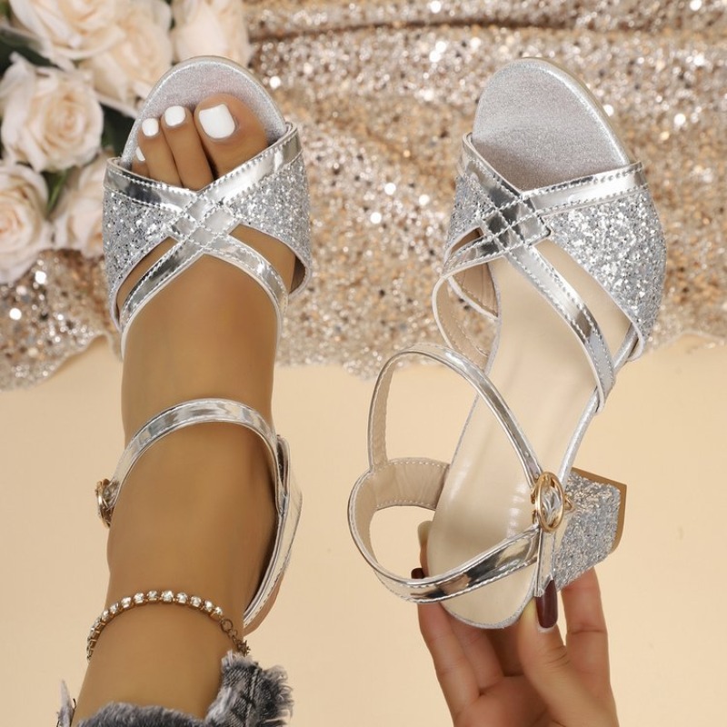 Strappy Heeled Sandals - 女性ブロックヒールサンダルゴールドキラキラクロスストラップアンクルバックルオープントゥプロムウェディングパーティーエレガントドレスシューズ履物 2026