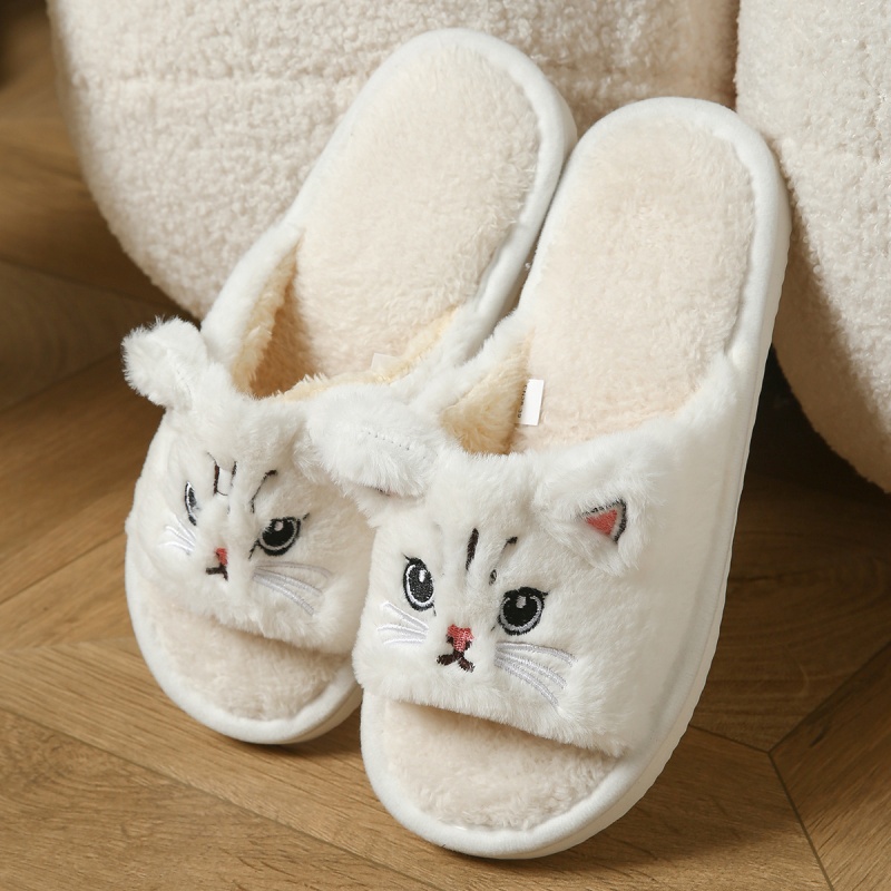 Thong Flat Sandal - かわいい猫のぬいぐるみ風ビーチサンダル、男女兼用、暖かいふわふわのトングスリッパ、漫画風アニマル柄室内用スリッパ、柔らかく厚いEVAサンダル