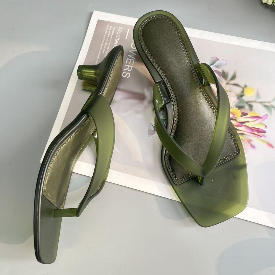 Thong Flat Sandal - 韓国製ミュートトーンオリーブグリーンPVC素材のトングサンダル、女性用クリアスリムキトゥンヒールスクエアトゥバックレスシューズ、グリーンカジュアルフリップフロップ