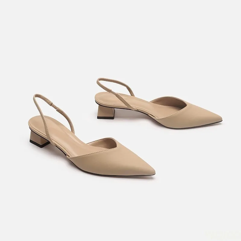 Low Block Heel Pump - レディース ポインテッド ストレッチ サンダル ブロック ローヒール