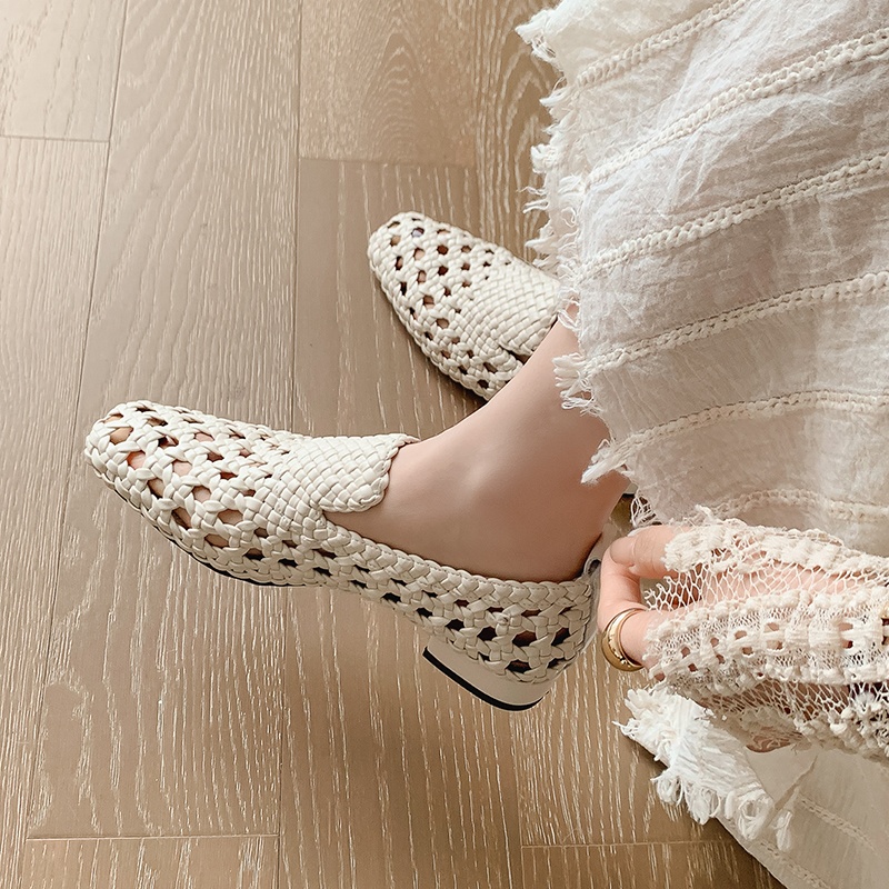 Women'S Heels - 2026 ファッションホット販売本革編み込みサンダル女性ローヒール通気性夏ローファーサンダル女性レジャーパンプス