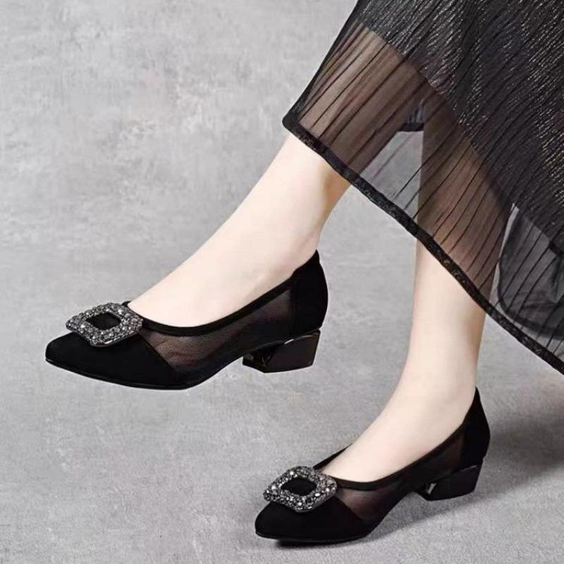 Women'S Heels - エレガントなポインテッドトゥメッシュブロックヒールパンプス、ラインストーンスクエアバックル装飾の浅履きシューズ、通気性のある女性用オフィスシューズ