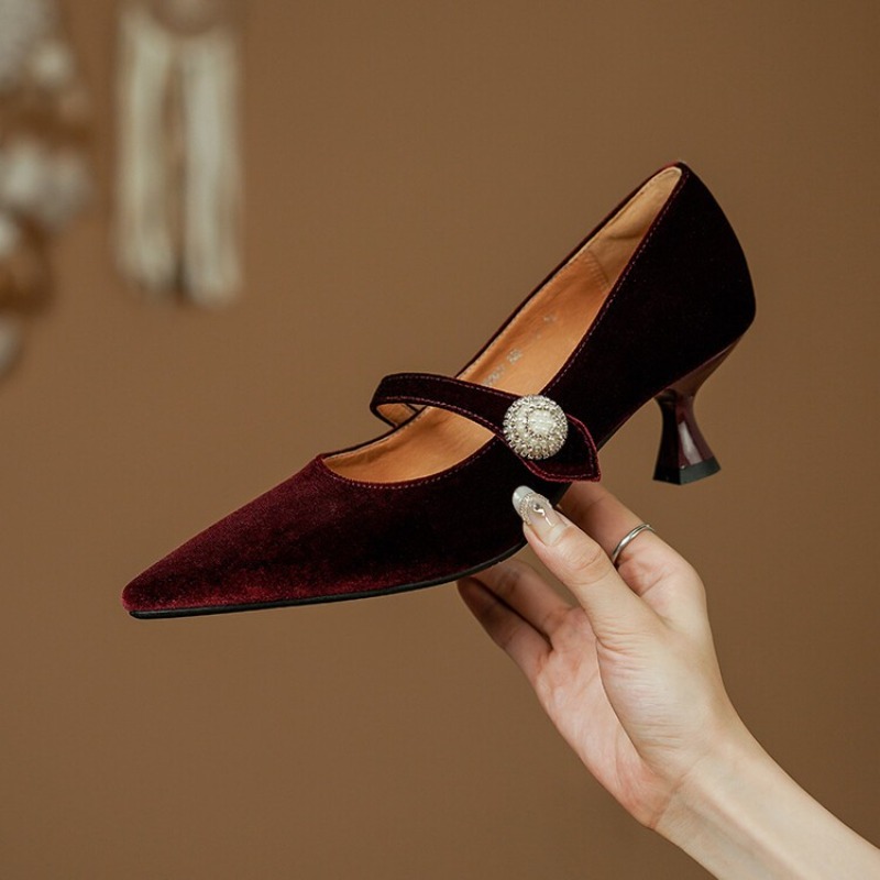 ワインレッド ポインテッドトゥ メリージェーンシューズ レデ - Women'S Heels のレビューと価格