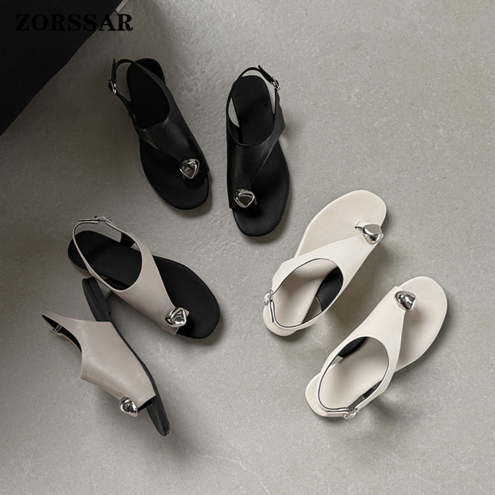 レディース本革トングトゥフリップフロップ、メタル装飾付きスリ - Thong Flat Sandal のレビューと価格