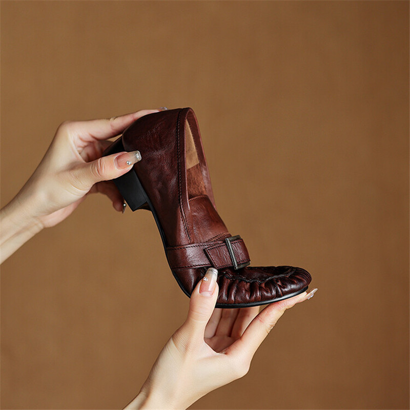 女性用本革モカシン,丸いつま先の靴,プリーツパンプス,厚手の - Women'S Heels のレビューと価格