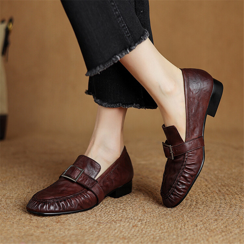 女性用本革モカシン,丸いつま先の靴,プリーツパンプス,厚手の - Women'S Heels のレビューと価格