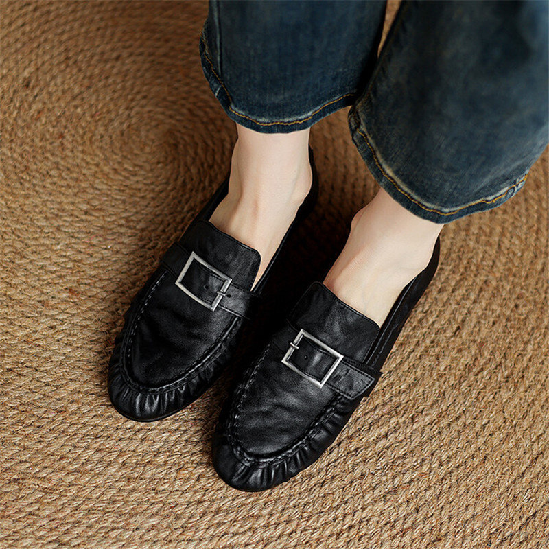 女性用本革モカシン,丸いつま先の靴,プリーツパンプス,厚手の - Women'S Heels のレビューと価格