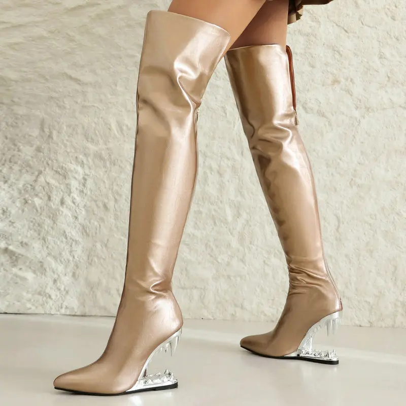女性のための虎の歯が生えるサメの口のハイヒール、膝の長いブー - Women'S Shoes Wide Width のレビューと価格