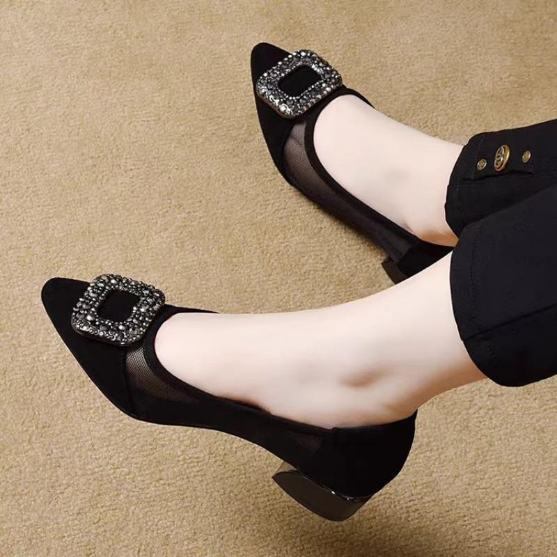 エレガントなポインテッドトゥメッシュブロックヒールパンプス、 - Women'S Heels のレビューと価格